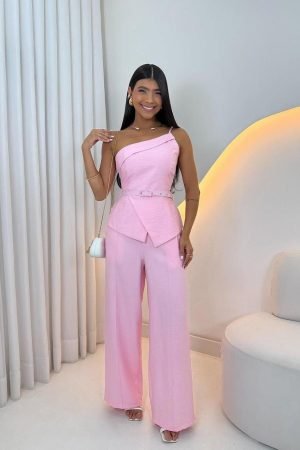 conjunto blusa meia manga rosa